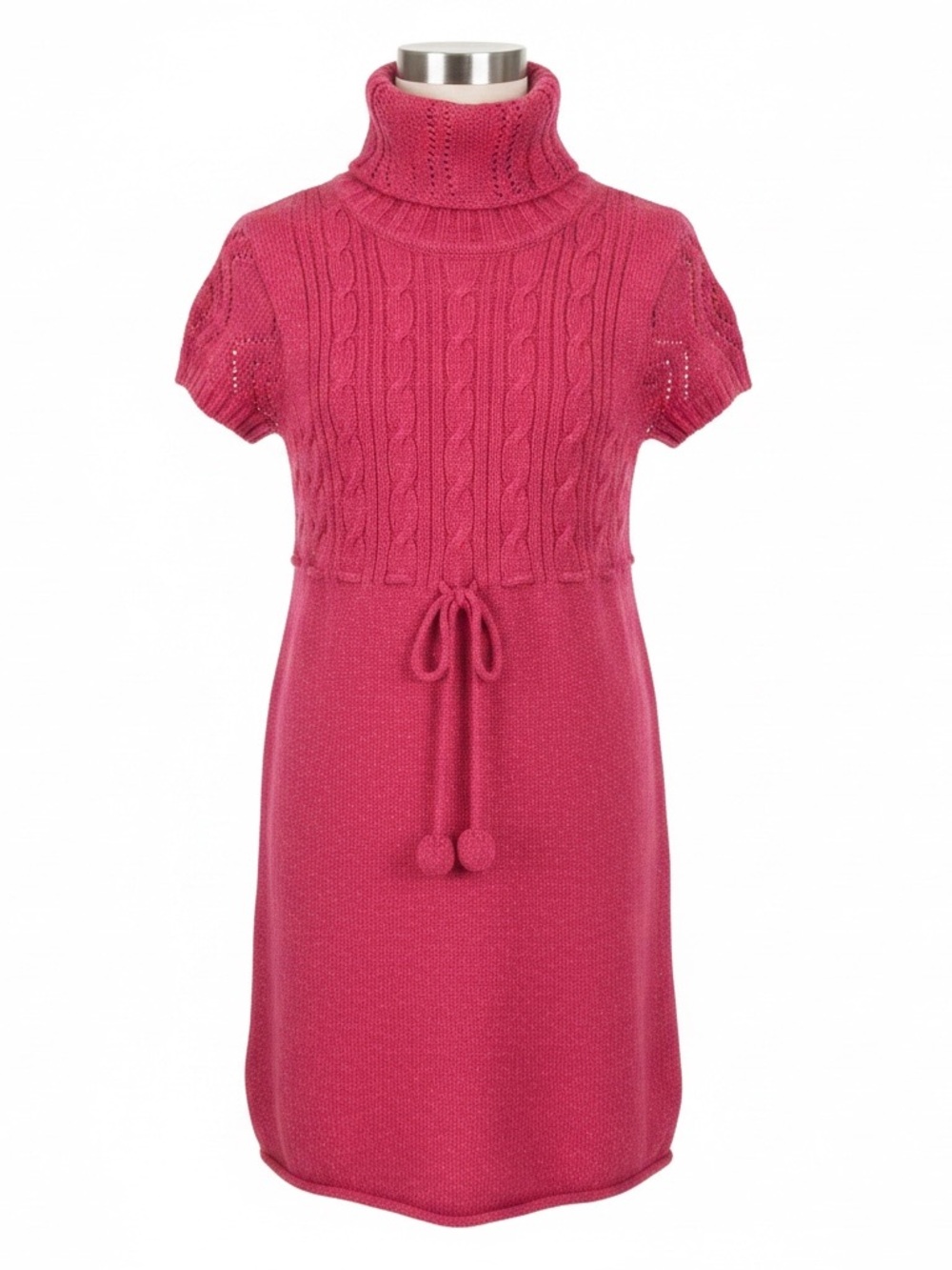 Girls' Cable Knit Turtleneck Dress with Pom Tie - burgundy